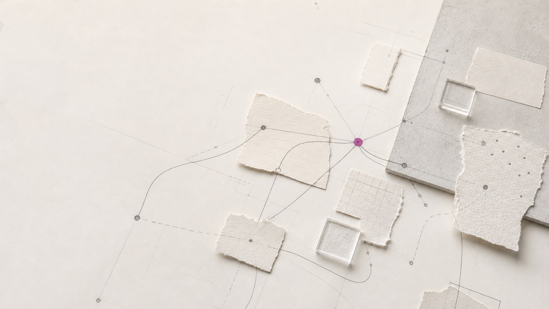 An editorial map of connected business paths, research notes, and a single plum decision point.