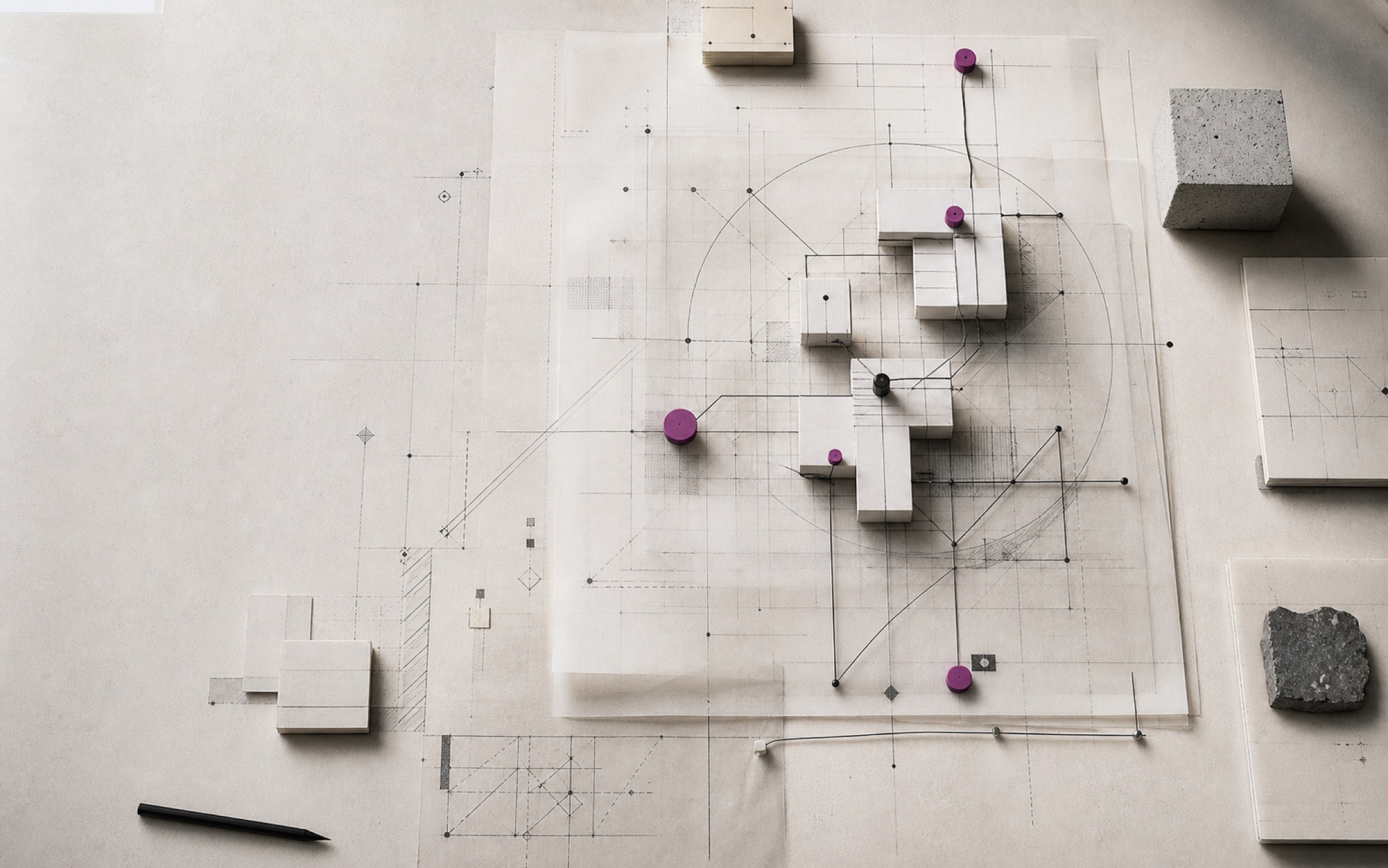 An architectural systems field study made from drafting sheets, construction lines, and connected nodes.