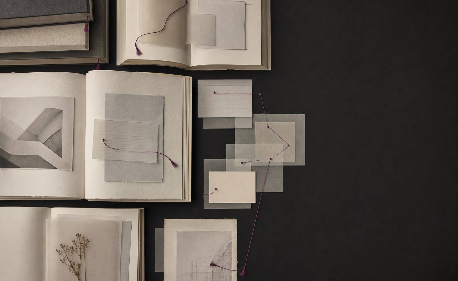 An editorial arrangement of books, index cards, and plum knowledge paths.