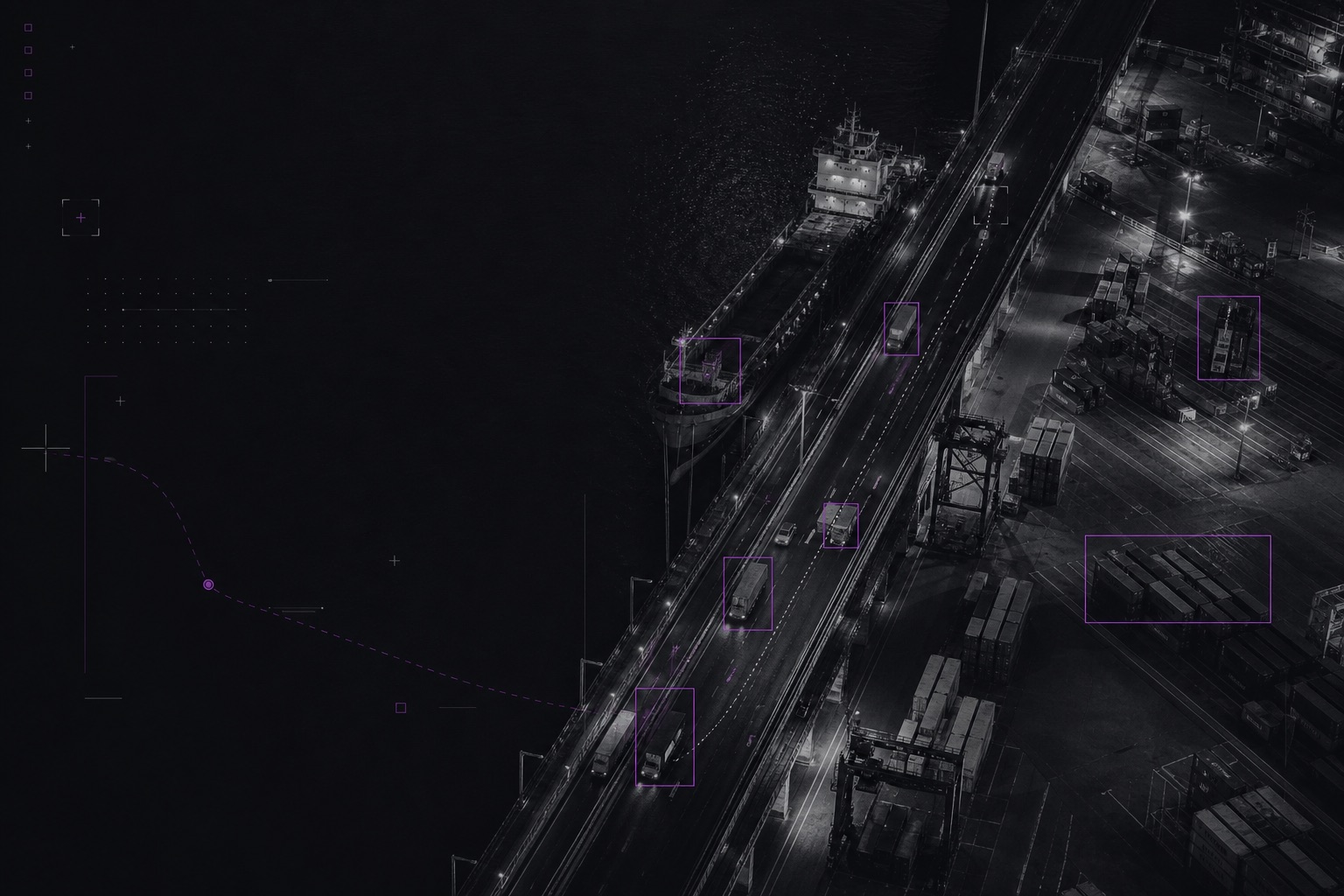 An operational vision study showing a dark port scene with sparse detection overlays.