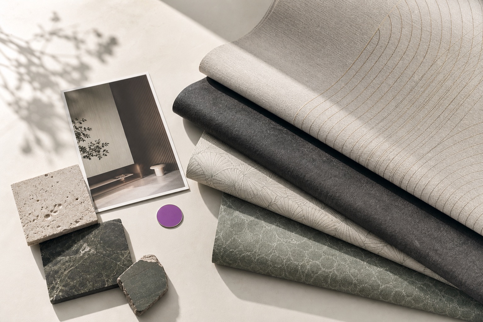 A tactile study of wallpaper material, interior direction, and pattern selection.